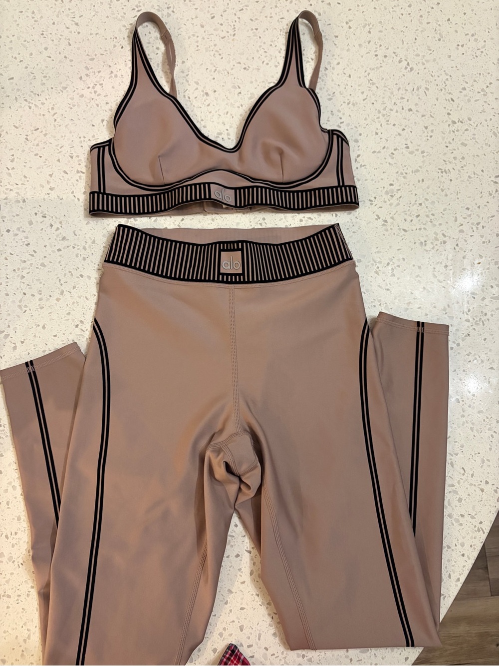 ALO Yoga Taupe Leggings and Bra Set with Black Trim